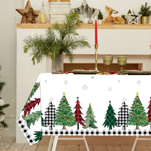 3Pcs Buffalo Plaid Christmas Tree Tablecloth, 54 x 108 Inch Waterproof Black and White Checkered Snowflake Table Cover, Xmas Party Decorations for Winter Holiday, New Year Decor