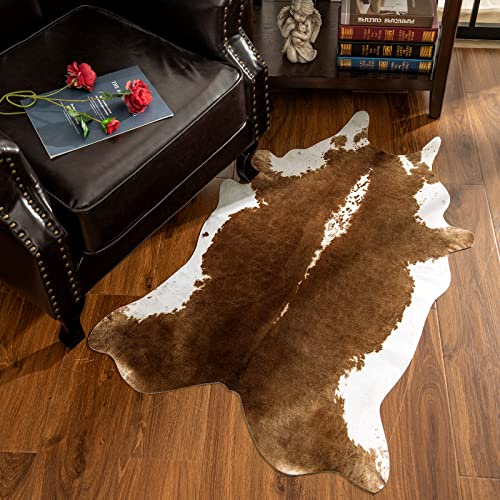 Faux Cowhide Rug Brown Cow Print Area Rug 4'7 x 5'2 Irregular Large Animal Floor Covering
