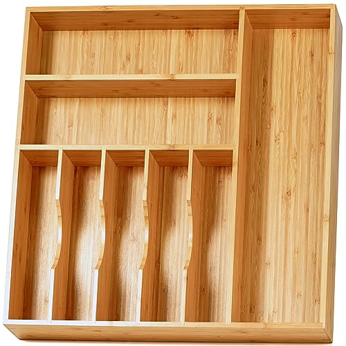 Umilife Large 19x19 Inch Bamboo Kitchen Drawer Organizer - 8 Slots, Sturdy Flatware Tray with Thick Frames