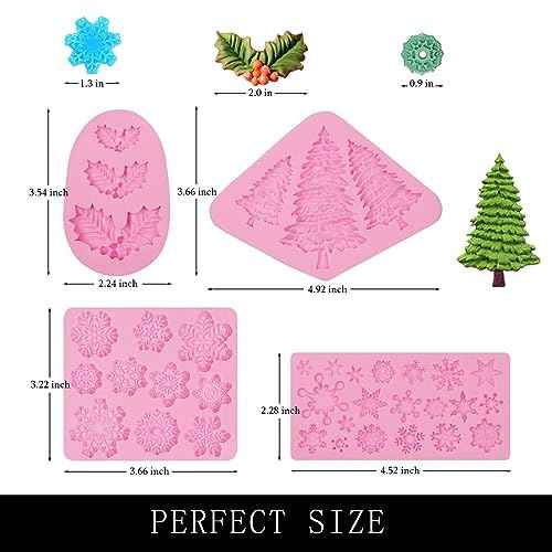 Mini Snowflakes Silicone Molds, 4 Packs Holly Leaf Christmas Trees Fondant Molds for Christmas Cake Decoration Cupcake Topper Soap Candy Chocolate Sugar Clay