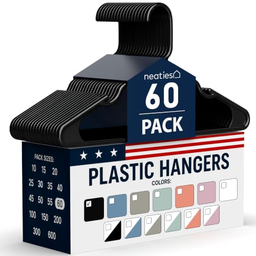 Neaties Black Plastic Hangers 60 Pack – Space-Saving, Notched, Reinforced Edges