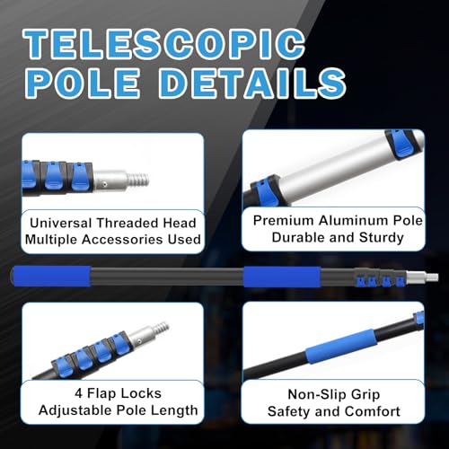 Blue 28FT Telescopic Light Bulb Changer Pole Kit for High Ceilings with Duster & Suction Cups