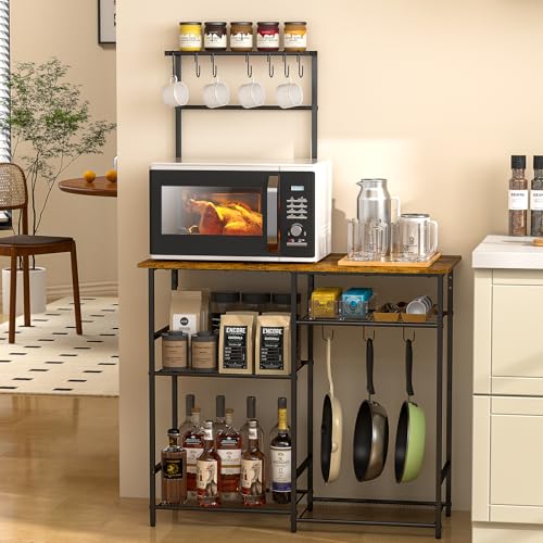3IngSeagulls Rustic Brown 6-Tier Kitchen Baker's Rack with Adjustable Shelves & Hooks