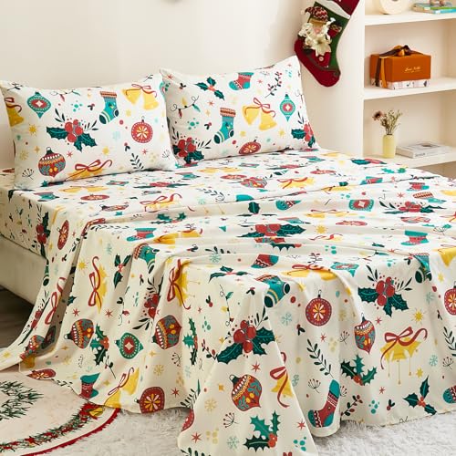 Queen Christmas Bedding Sheet Set - 4 Pieces with Deep Pocket Fitted Sheet, Patterned Holly & Bells