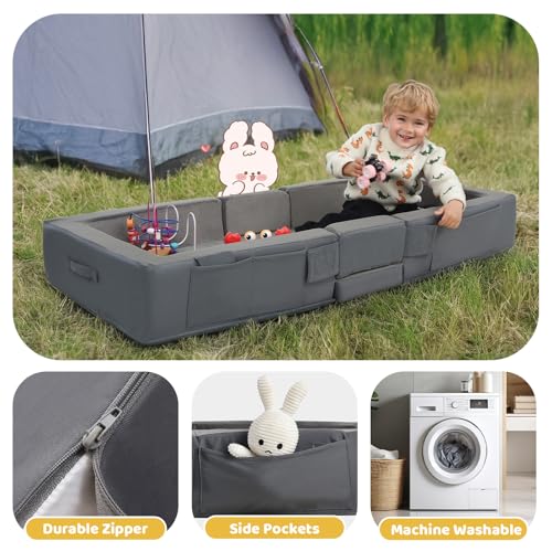 Portable Toddler Travel Bed with Soft Foam Rails - Grey, 55x25x7in