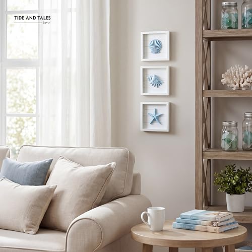 Tide and Tales 3D Coastal Wall Art, Beach Decor, Framed Set of 4, Blue
