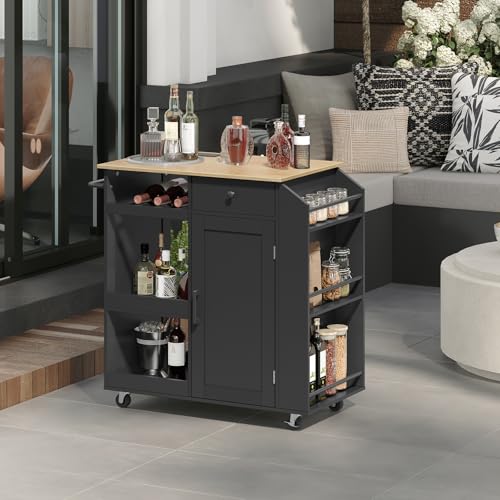 Kitchen Island Cart with Power Outlet and Storage - Black & Natural Finish