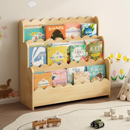 Natural 3-Tier Solid Pine Wood Bookshelf with Scalloped Edges - Montessori Style