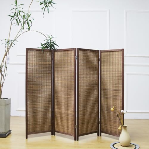 Brown 4-Panel Short Room Divider Screen - Freestanding Bamboo Partition for Small Spaces