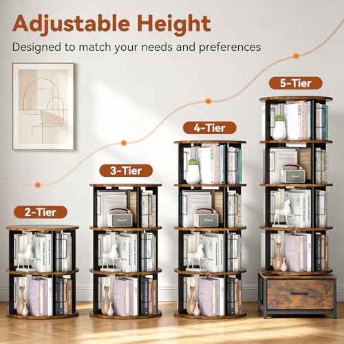 5-Tier Rotating Bookshelf Tower with Storage - Rustic Brown, Brown Variation