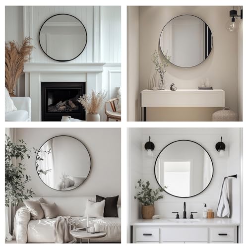 Oruii 24 Inch Black Round Mirror with Matte Black Metal Frame - Wall Mountable