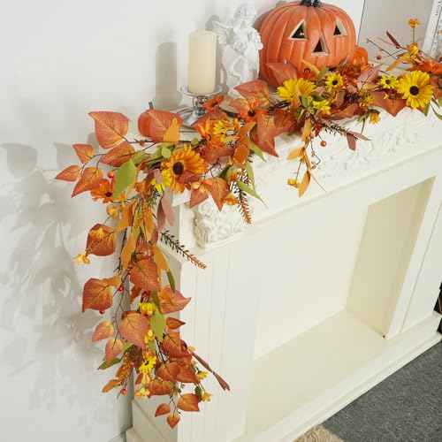 HUAESIN Fall Decor 6FT Fall Garland Autumn Eucalyptus Maple Leaves Harvest Festival Thanksgiving Christmas Hanging Flower Garlands for Home Mantle Fireplace Wedding Arch Dining Table Halloween Decor