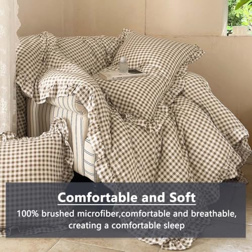 Tan Gingham Ruffled Comforter Set - Queen Size Farmhouse Bedding