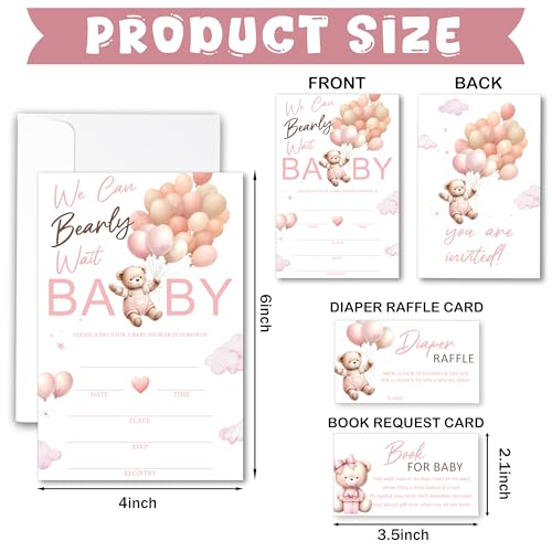 Pink We Can Bearly Wait Baby Shower Invitations Set of 25 with Diaper Raffle Tickets & Envelopes