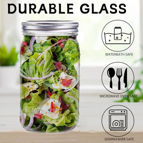 Galssmagic Clear 32 oz Wide Mouth Mason Jars with Airtight Lids - 12 Pack