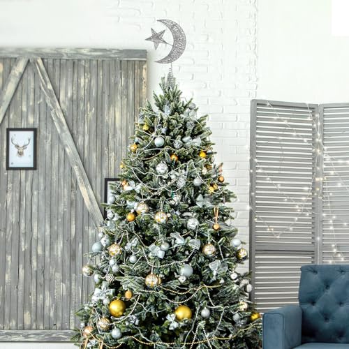 Angoily Glitter Star and Moon Christmas Tree Topper - Silver, 30cm
