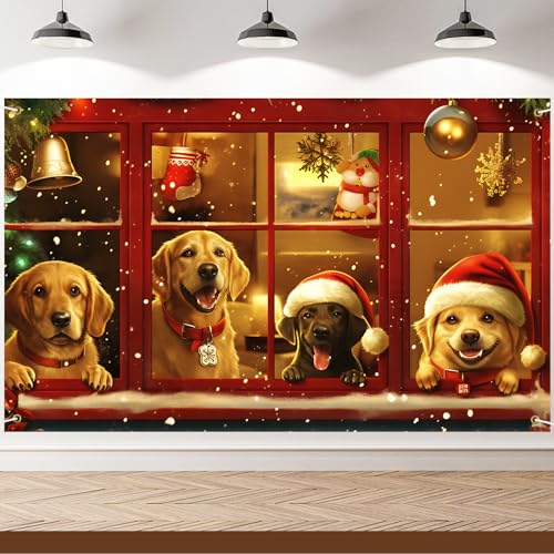 Four Dogs Christmas Banner Decoration 71x43 Inch Outdoor & Indoor Holiday Backdrop