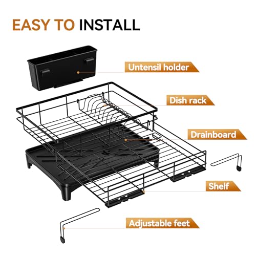 Expandable Dish Drying Rack with Utensil Holder - Large Capacity Kitchen Organizer - Black