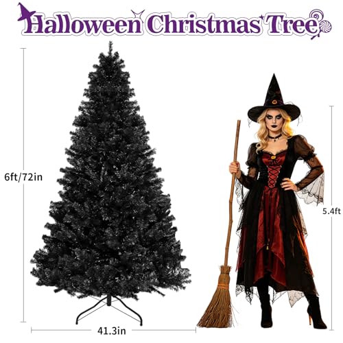 Facdiwok Full Black 6ft Artificial Halloween Christmas Tree with Purple LED Lights