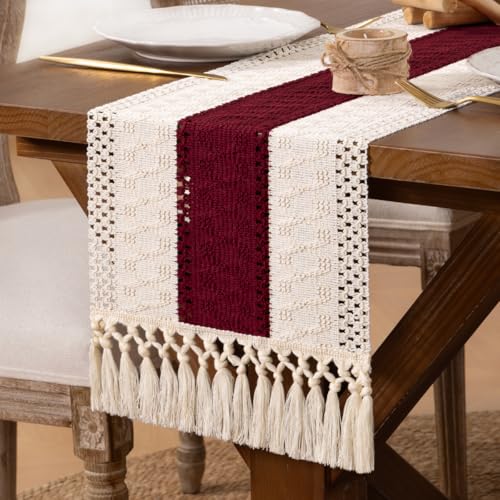 DeZerlor Ivory & Burgundy Boho Farmhouse Macrame Table Runner 12 x 48 Inches