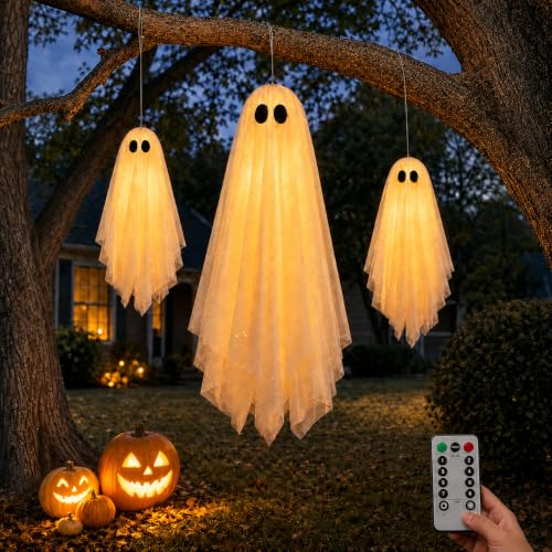 White Medium Hanging Ghost Decorations Set - Pre-Assembled Halloween Ghosts with Remote & Warm Glow
