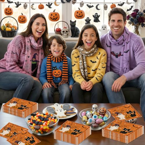 Litmitfu Halloween 40-Count Napkins (6.5 in) Orange Ghost Cat Pumpkin – Disposable Cocktail Dinner Napkins, Party Supplies, Variation: Halloween