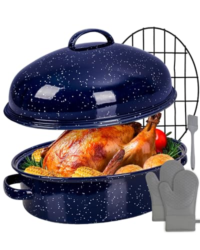 Enamel Turkey Roasting Pan with Lid & Rack - 18 Inch Large Oven Set - Midnight Blue