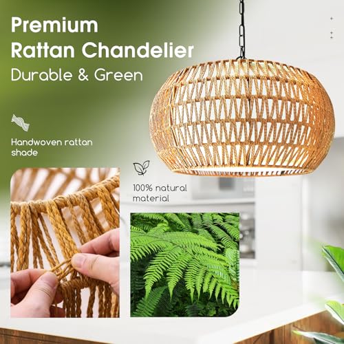 19-Inch Boho Rattan Chandelier 5-Light Farmhouse Pendant Light - Tadpole Jump