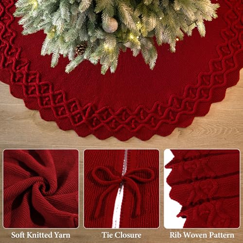 TOCHGREEN Red Knitted Christmas Tree Skirt 48 Inch Rustic Holiday Decor