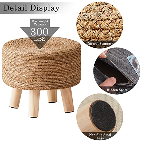 Natural Seagrass Foot Stool Pouf with Pine Legs - Handwoven Round Ottoman, Soft & Durable