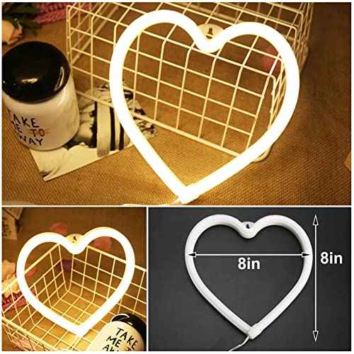 Heart Neon Sign Warm White Lights,Battery Operated or USB Powered LED Neon Light for Party, Cute Valentine's Day Decor Home Decoration Lamp, Table & Wall Light, Mother's Day and Kids Gifts