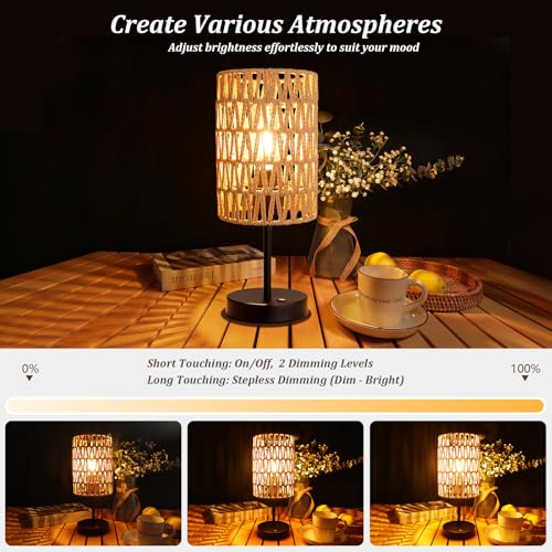 Rechargeable Outdoor Rattan Table Lamps Set of 2 - Beige Boho Cordless Patio & Indoor Lighting