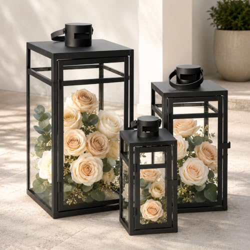 Black Stainless Steel Lanterns Set of 3 Outdoor & Indoor Candle Holders - Farmhouse Decor