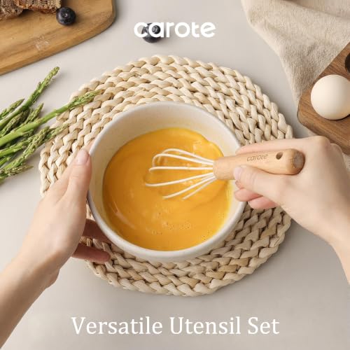 Kitchen Utensils Set with Wooden Handles - 10 Pieces Cream Food-Grade Silicone