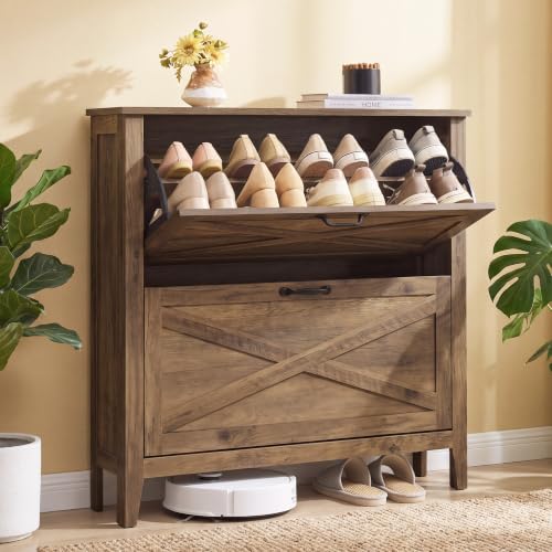 VASAGLE Farmhouse Shoe Cabinet with 2 Flip Drawers, Narrow Storage, Honey Brown, 9.4"D x 34.3"W x 34.6"H