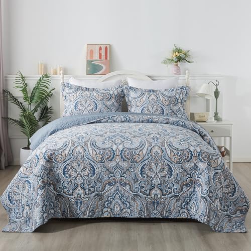 Paisley Blue-Gray Cotton Queen Size Quilt Set - Reversible Bedspread for All Seasons