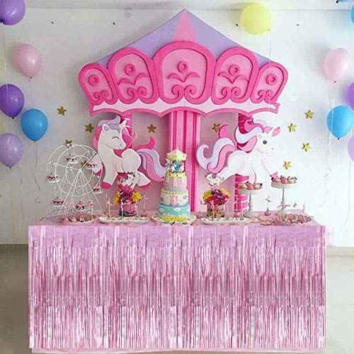 2 Packs Metallic Foil Fringe Table Skirt Pink Tinsel Table Skirt Garland for Rectangle Tables Hotel Floats Mardi Gras Holiday Birthday Wedding New Year Party Decoration (108 X 29 inch)