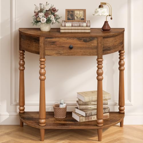 Hoctieon Half Moon Console Table with Drawer - Rustic Brown Entryway Table