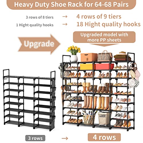 Black 9-Tier Large Shoe Rack Organizer for Entryway Closet - Heavy Duty, 68 Pairs Storage