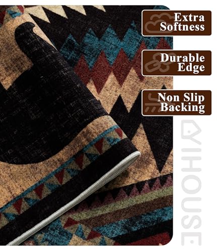 Bear 5x7 Washable Rustic Cabin Area Rug - Non Slip, Pet Friendly, Low Pile