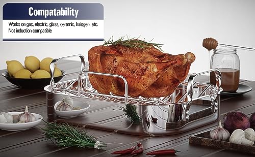 Cooks Standard 14x12-Inch Stainless Steel Roaster Pan with V-Shaped Rack - Large Capacity, Oven & Dishwasher Safe