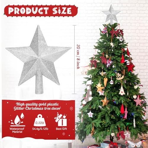 SRISE Silver 8 Inch Glitter Christmas Star Tree Topper Holiday Decor