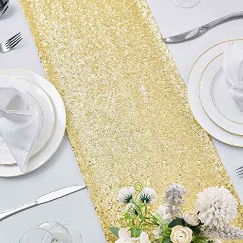 2 Packs 12 x 108 inches Gold Sequin Table Runner, Glitter Gold Table Runner for Wedding Birthday Bachelorette Holiday Party Supplies Decorations Bridal Shower Baby Shower