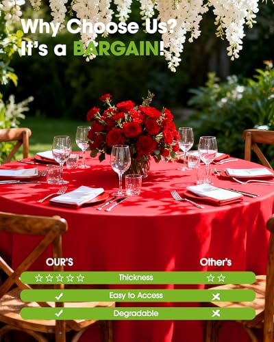 Pureegg Red 84" Round Disposable Tablecloth, 12 Pack - Leakproof Plastic Cover