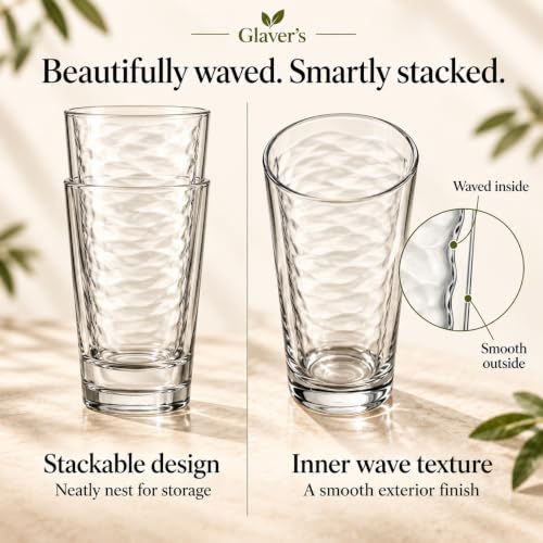 17 oz Highball Glasses Set of 10 - Tempered, Stackable, Dishwasher Safe, Lead-Free Drinkware