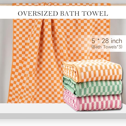 Large Checkered Cotton Bath Towels Set - 55x28 Inches, 600 GSM, 3 Pack - Orange Green Pink Variation