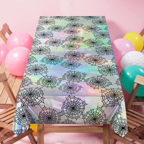 Cheerland Spiderweb Tablecloth Iridescent Holographic Foil Table Cover Halloween Decorations Disposable Plastic Cloth for Ghoul Birthday Bridal Shower Spooky Gothic Christmas Party Supplies 2pcs