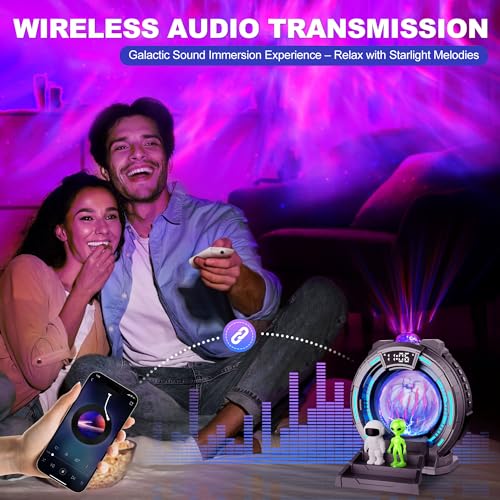 Northern Lights Projector Night Light with Remote, Clock & White Noise—Astronaut Plasma Globe