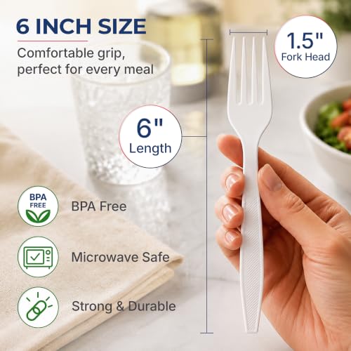 Heavy Duty Disposable Plastic Forks - 6-Inch Bulk Cutlery for Catering & Events - White, Engraved Handle
