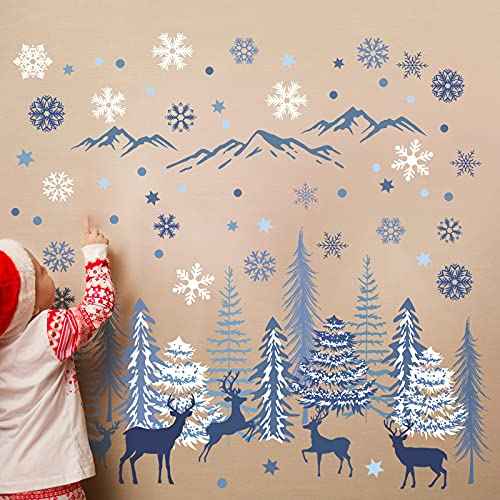 Teling 8 Pieces Winter Snowflake Wall Decals Stickers Dreamy Nursery Forest Woodland Trees Deer Pine Tree Wall Decals for Kids Room Winter Decor(Blue, White, Gray)